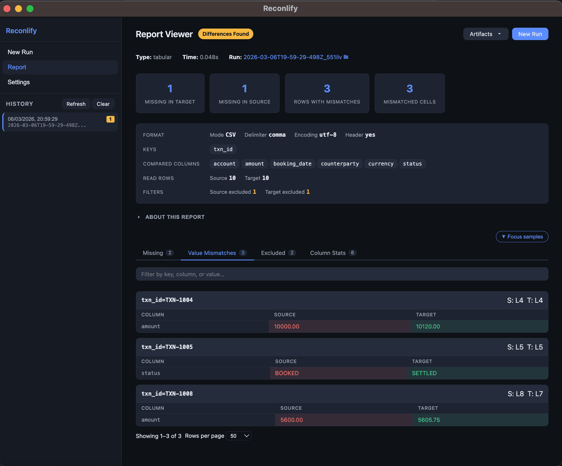 Reconlify CLI - file comparison output
